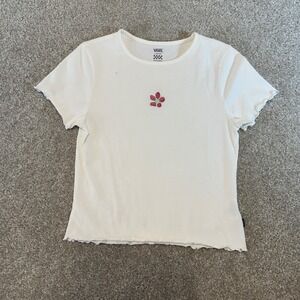 Vans Womens White Lettuce Hem T Shirt Red Flower Graphic Size Large *